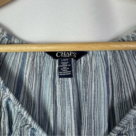Chaps Blue Stripe Henley Textured Cotton Long Sleeve Blouse L - Picture 4 of 4